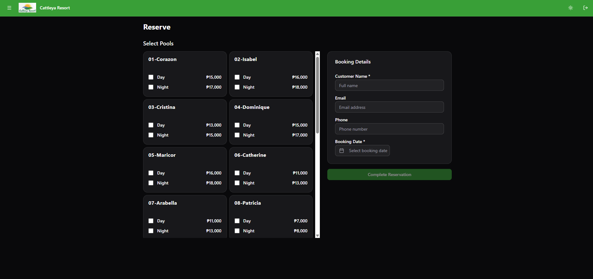 Reservation page with pool grid selection and booking details form