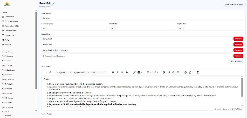 Pool editor form with amenities, rates, and rich text notes