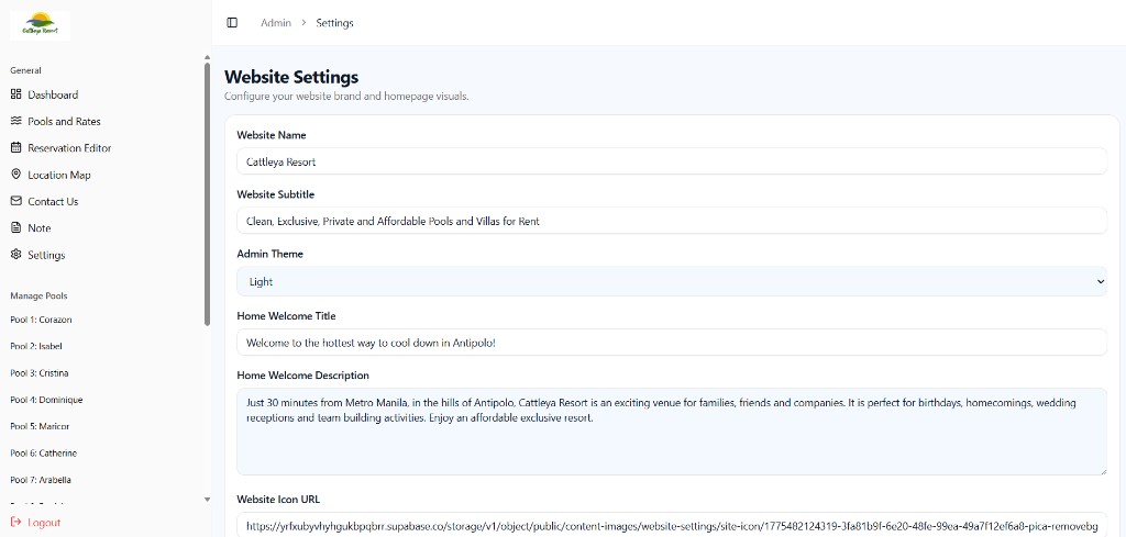 Website settings form for branding and homepage content