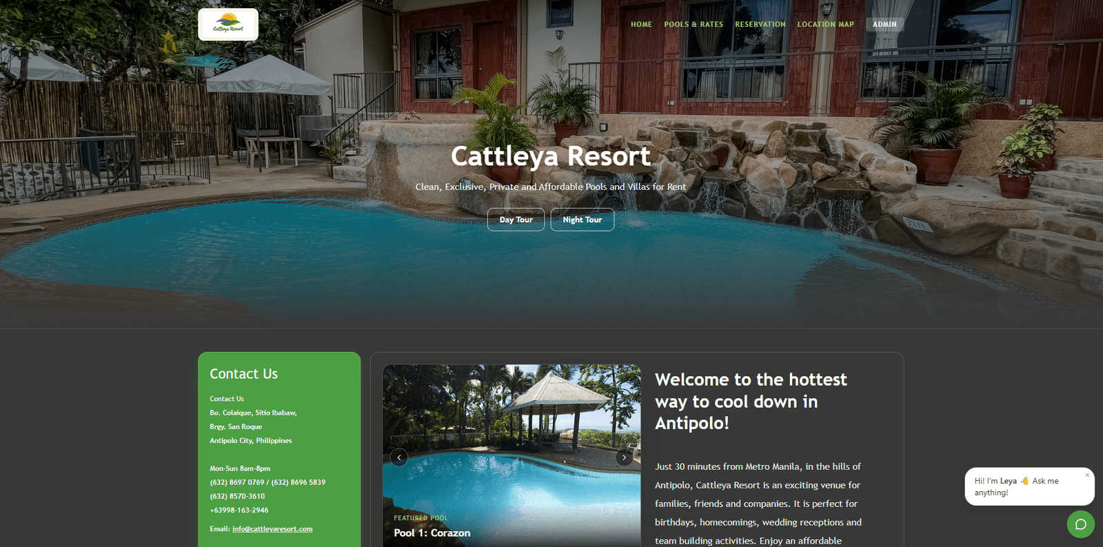 Cattleya Resort homepage with the Leya AI concierge greeting bubble in the corner