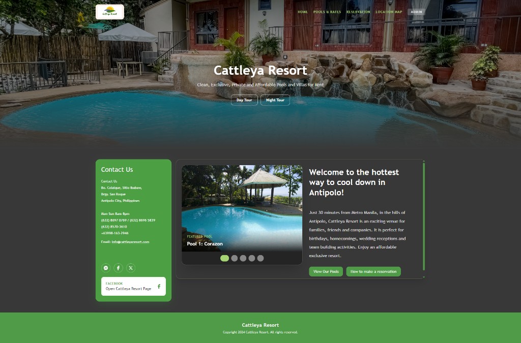 Cattleya Resort public landing page with hero, contact card, and featured pool carousel