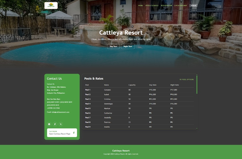 Pools and rates page with pricing table for 15 pool options